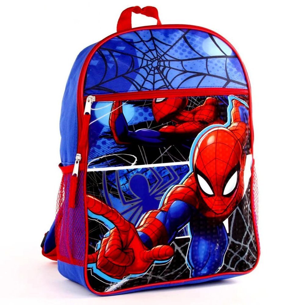 Licensed Marvel Spiderman Backpack Blue Red 16" 2 Compartment Side Bottle Holder